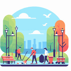 People cleaning the park. Flat style vector illustration. People cleaning the park.