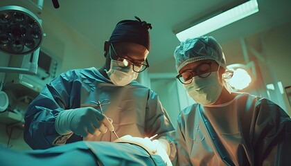 Two doctors performing surgery on a patient in the operating room