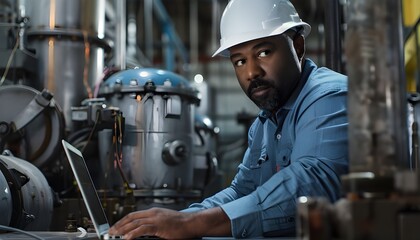 African American engineer working from his computer in the factory