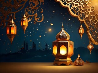 islamic background , golden ramadan lamp landscape