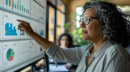 Hispanic female senior data scientist reviewing reports of risk management department on a big digital screen in the monitoring room.  - obrazy, fototapety, plakaty