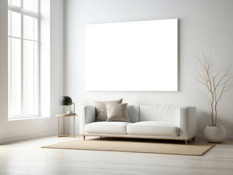 Blank horizontal poster on the white wall and the floor
