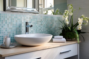 Fototapeta premium Sunlit bathroom decorated with blue mosaic tiles, featuring a bathtub, fresh potted plants, and a mirror reflecting the natural light..