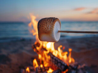 Roasting a Golden Brown Marshmallow over a Beach Bonfire at Dusk