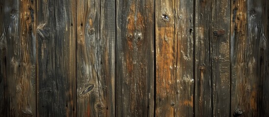 A closeup shot showcasing the intricate pattern of brown hardwood planks on a wooden fence, with a blurred background of lush green grass