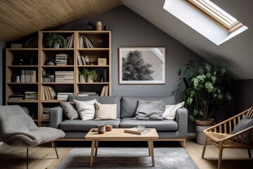  Small attic living room with cozy couches, skylights, and wall-to-wall bookshelves filled with books