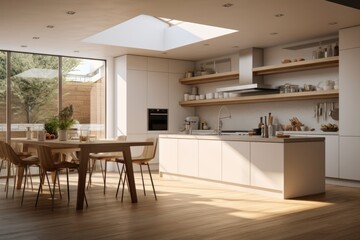 Modern kitchen bathed in natural light, featuring a stylish wooden dining set and elegant pendant lights..