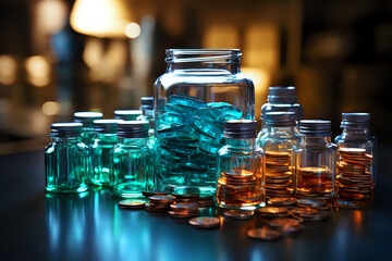 Diverse Savings in Glass Jars. An engaging image featuring multiple glass jars filled with coins, illuminated in a warm light, symbolizing diverse financial savings and investments. - Powered by Adobe