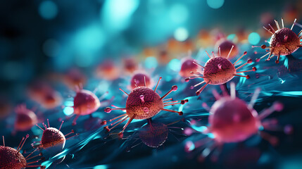 Virus Outbreak Visualization. A detailed  illustration of virus particles, symbolizing an outbreak, shown in a dramatic and scientific context with a blue tone backdrop. - obrazy, fototapety, plakaty