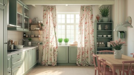 An inviting kitchen space blends classic cottage charm with modern functionality, featuring pastel cabinetry and floral curtains