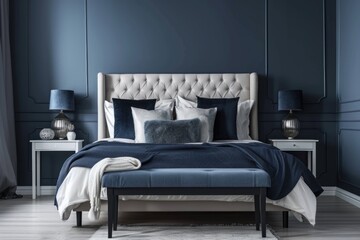 Classic bedroom interior with trendy combination of  blue and orange colors elements