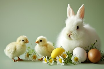 Cute easter bunny with colorful eggs and spring flowers on pastel background. Easter celebration greeting card concept