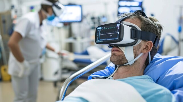 patient in a hospital with virtual reality glasses lying