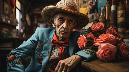 Elderly mexican male dandy at a bar, medium shot, colorful scene