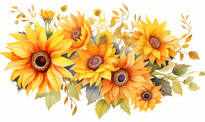 Naklejka premium Watercolor illustration sunflowers, summer, autumn yellow, orange flowers, fall