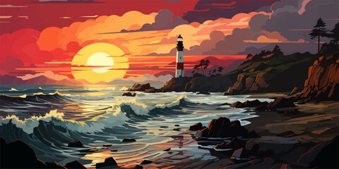 Vector landscape with lighthouse illustration. Sunset at sea. vector flat bright colors