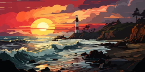 Papier Peint photo Gris 2 Vector landscape with lighthouse illustration. Sunset at sea. vector flat bright colors