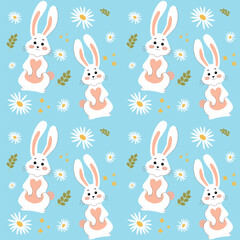 White rabbits on a blue background pattern. Lovely flat Easter seamless pattern with bunnies, doodles, flowers, beautiful background. For Easter cards, banner, textiles, wallpaper.