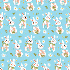 White rabbits on a blue background pattern. Lovely flat Easter seamless pattern with bunnies, doodles, flowers, easter eggs, beautiful background. For Easter cards, banner, textiles, wallpaper.