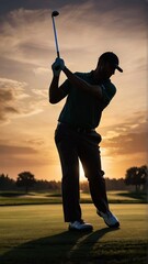 Golfista em uma tacada de mestre ao por do sol - obrazy, fototapety, plakaty