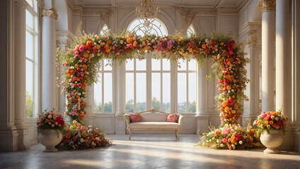 Fototapeta na wymiar Beautiful arch with flowers in the wedding hall luxury
