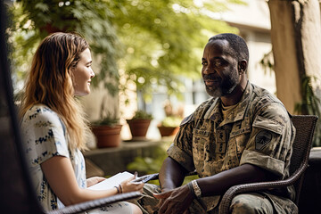 Veteran in uniform engages in outdoor counseling session during daytime.