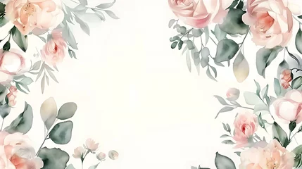 Fotobehang Watercolor floral illustration background. Leaf and flower frame, border for wedding stationary, Valentine day, greetings, spring poster, wallpapers, background for text © Chelebi