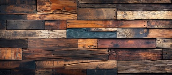 A detailed close up of a brown hardwood wall made of rectangular wooden planks, showcasing the artistry of the wood stain on the building material