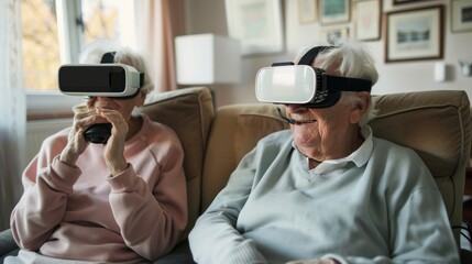 grandparents sitting with virtual reality glasses in the living room of the house in high resolution