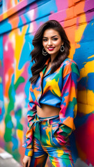 Woman standing in front of colorful wall with smile on her face.
