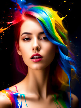 Painting of woman with colorful hair and crown on her head.