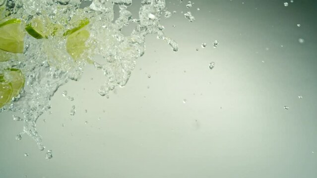 Super Slow Motion of Flying Lime Slices with Water Splashes, Isolated on Blue Background. Filmed on High Speed Cinema Camera, 1000fps.