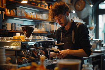 Barista profesional preparando un café Gourmet en una cafetería especializada en café orgánico  - obrazy, fototapety, plakaty