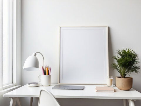 Blank picture frame and the white desk with wall
