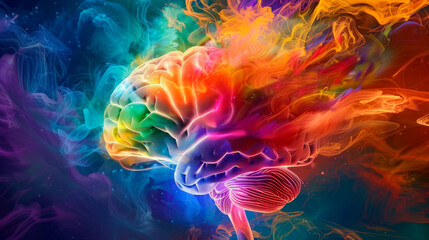 The human brain with vibrant splashes of color, symbolizing its dynamic and multifaceted nature