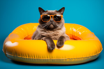Siamese cat on a round yellow inflatable wearing sunglasses, studio shot. Summertime concept. Generative AI