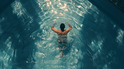 Swimmer man in water top view. Man swimming in pool aerial view - obrazy, fototapety, plakaty