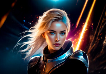 Woman with blonde hair and blue eyes wearing black suit and holding light saber.