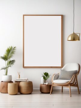 A blank poster flag with wooden frame hanging on the white wall
