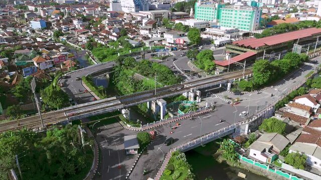 aerial view of the streets of Malioboro Yogyakarta city close to Tugu train station