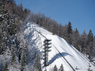 Closeup of the top of giant ski jump at Planica Ski Resort on a Sunny Winter Day - 741065508