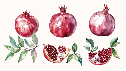 Watercolor vector Pomegranate fruit set whole and half and green leaves. Watercolor hand drawn vector illustration isolated on white background - obrazy, fototapety, plakaty
