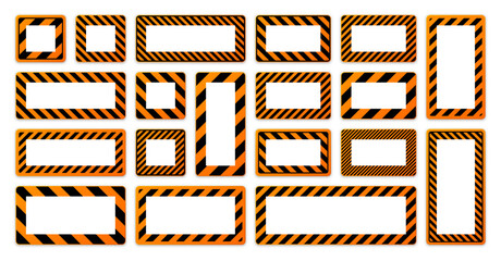 Various blank warning signs with diagonal lines. Orange attention, danger or caution sign, construction site signage. Realistic notice signboard, warning banner, road shield. Vector illustration