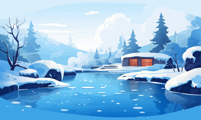 Thermal Hot Springs in Winter vector flat isolated vector style illustration