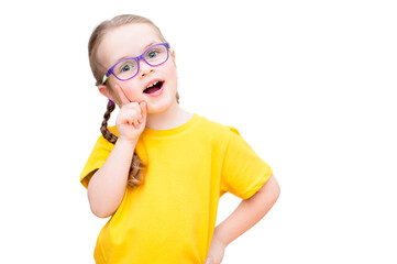funny girl with glasses and a yellow T-shirt on a white background