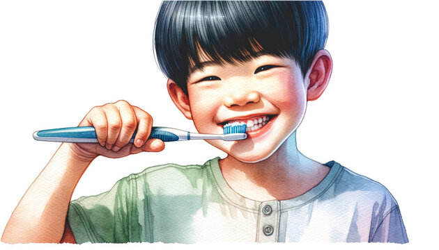 Watercolor illustration of joyful Asian boy brushing teeth. International Dentist Day. National Brush Day. - Powered by Adobe
