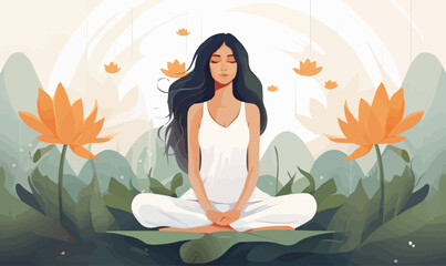 Obraz na płótnie Canvas Woman sitting with a flower illustration in the background, good mental health yoga lifestyle and selfcare vector