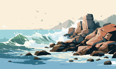 rocky coastline with crashing waves vector simple isolated illustration