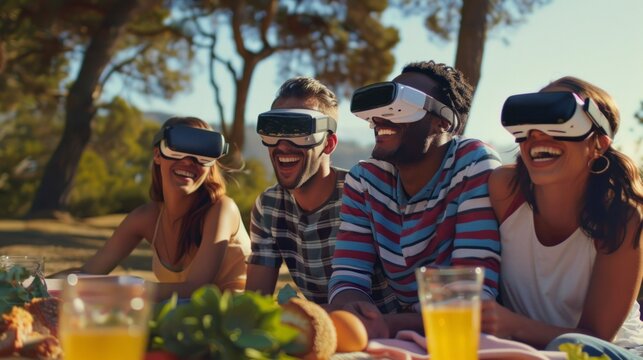 group of young people of different ethnicities on a picnic with virtual reality glasses in a park during the day in high resolution and high quality. innovative picnic concept,field,virtual reality,3d