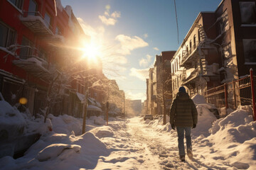 Winter walk through a snowy alley.
